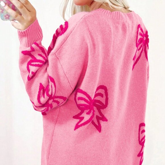 Pink Casual Women's Bow print Round Neck Long Sleeved Pullover Sweater - Picture 2 of 7